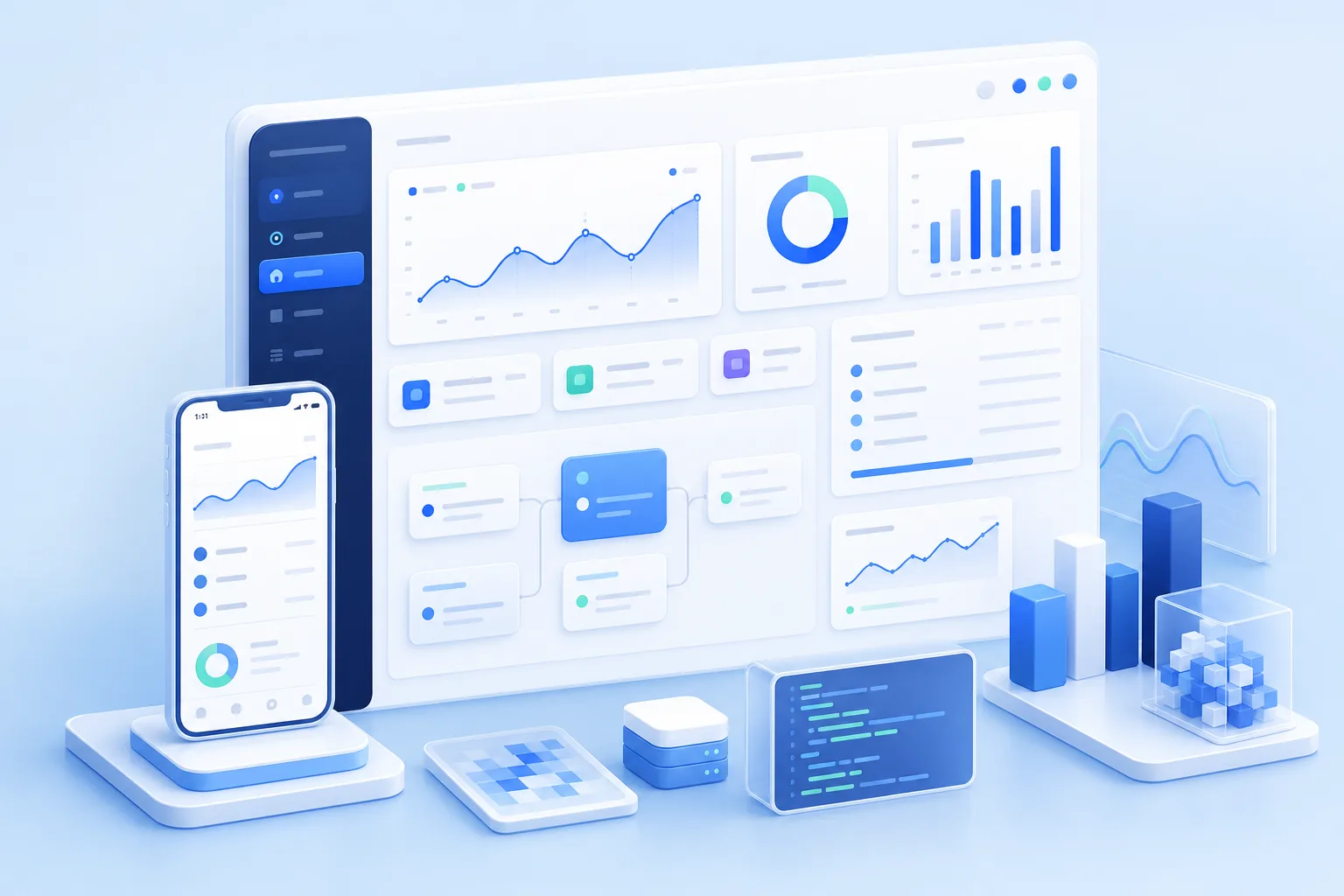 Modern software product dashboard across desktop and mobile