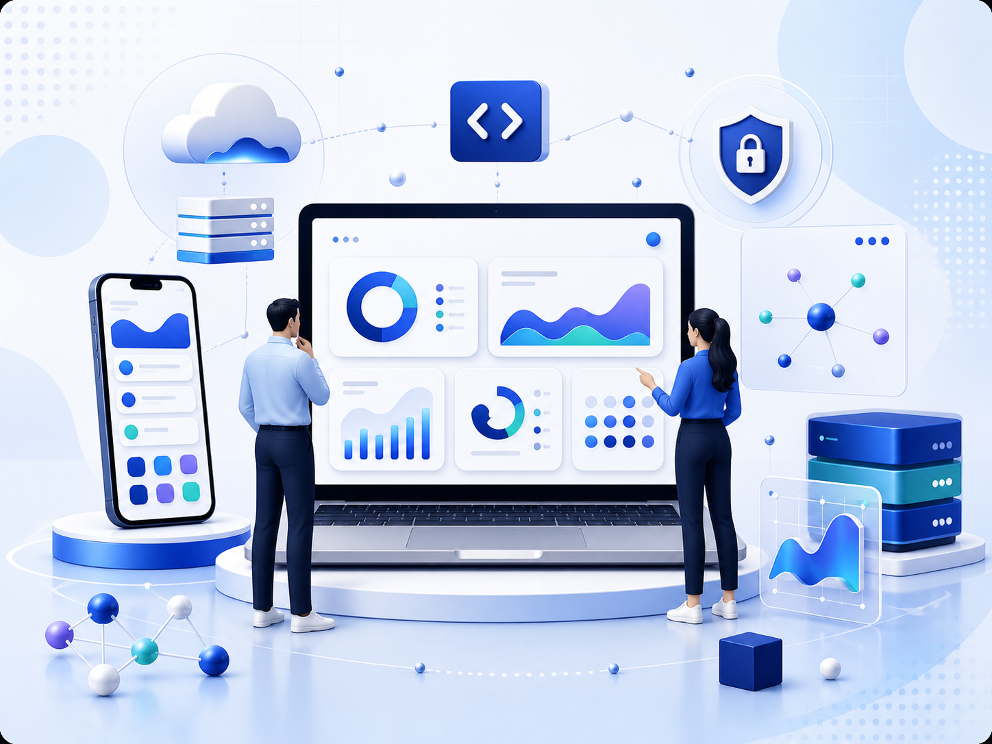 Software specialists reviewing a portfolio of connected digital products